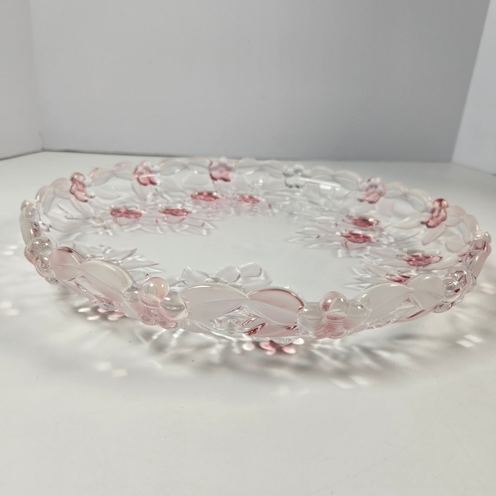 Venezia Collection Platter Fine Crystal 12.5in Pink Clear Floral Embossed Glass